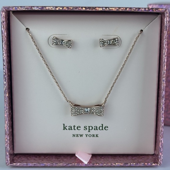 kate spade Jewelry - Kate Spade Ready Set Bow Pendant Necklace & Studs Earring Boxed Set Rose Gold